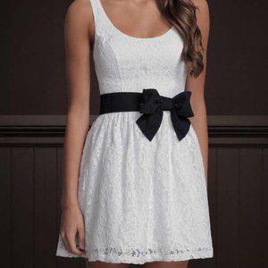 White Fit & Flare Dress with Navy Bow